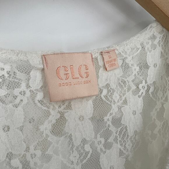 Good Luck Gem Ivory Lace Tie Front Long Sleeve Coquette Top Size Small - Picture 4 of 7